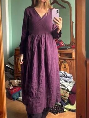 Women's Long Sleeve Linen Wrap Maxi Dress - Plum